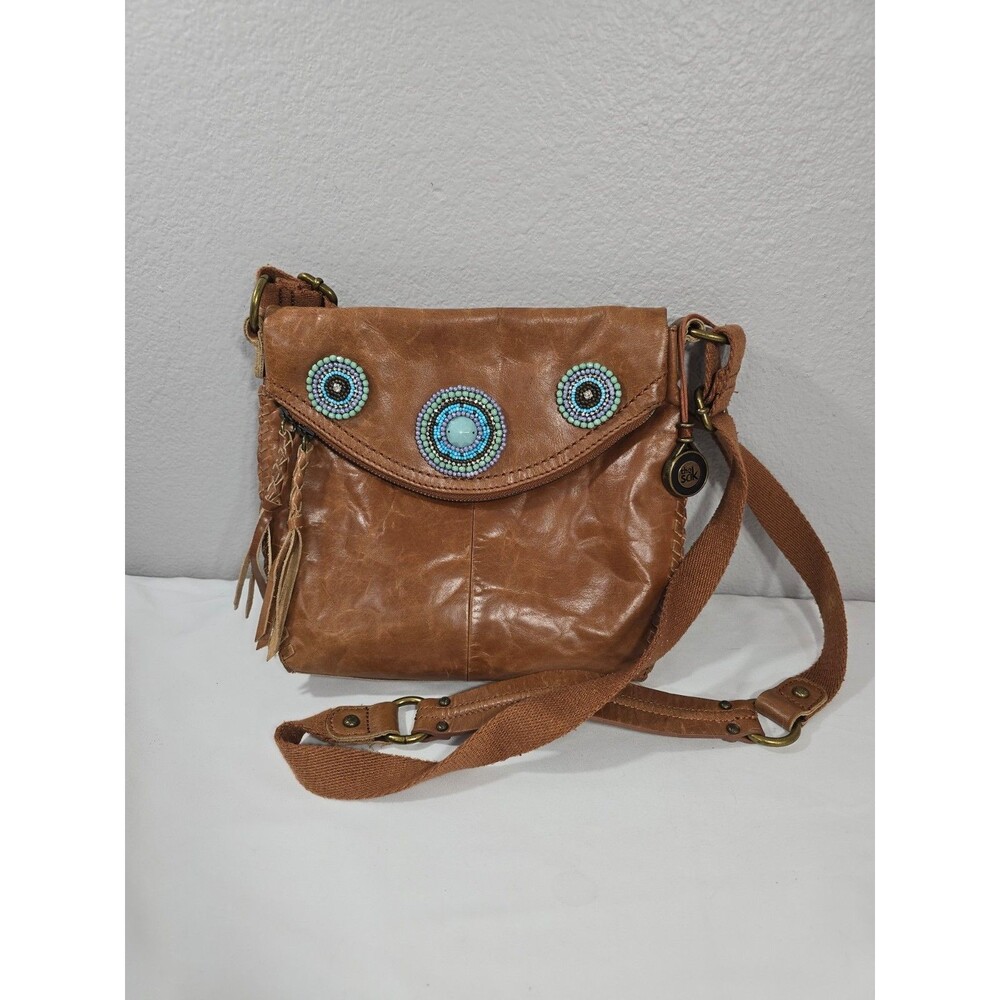 The Sak Brown Leather Crossbody Bag Turquoise Beaded Boho Western Purse